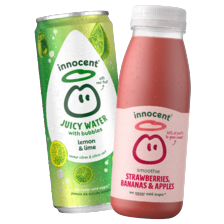 Innocent smoothie flesje à 250 ml
of Innocent juicy water with bubbles
blikje à 330 ml